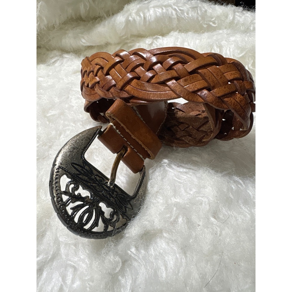 Vintage  Woven Belt Womens Small Braided Cognac Leather Western Floral Buckle